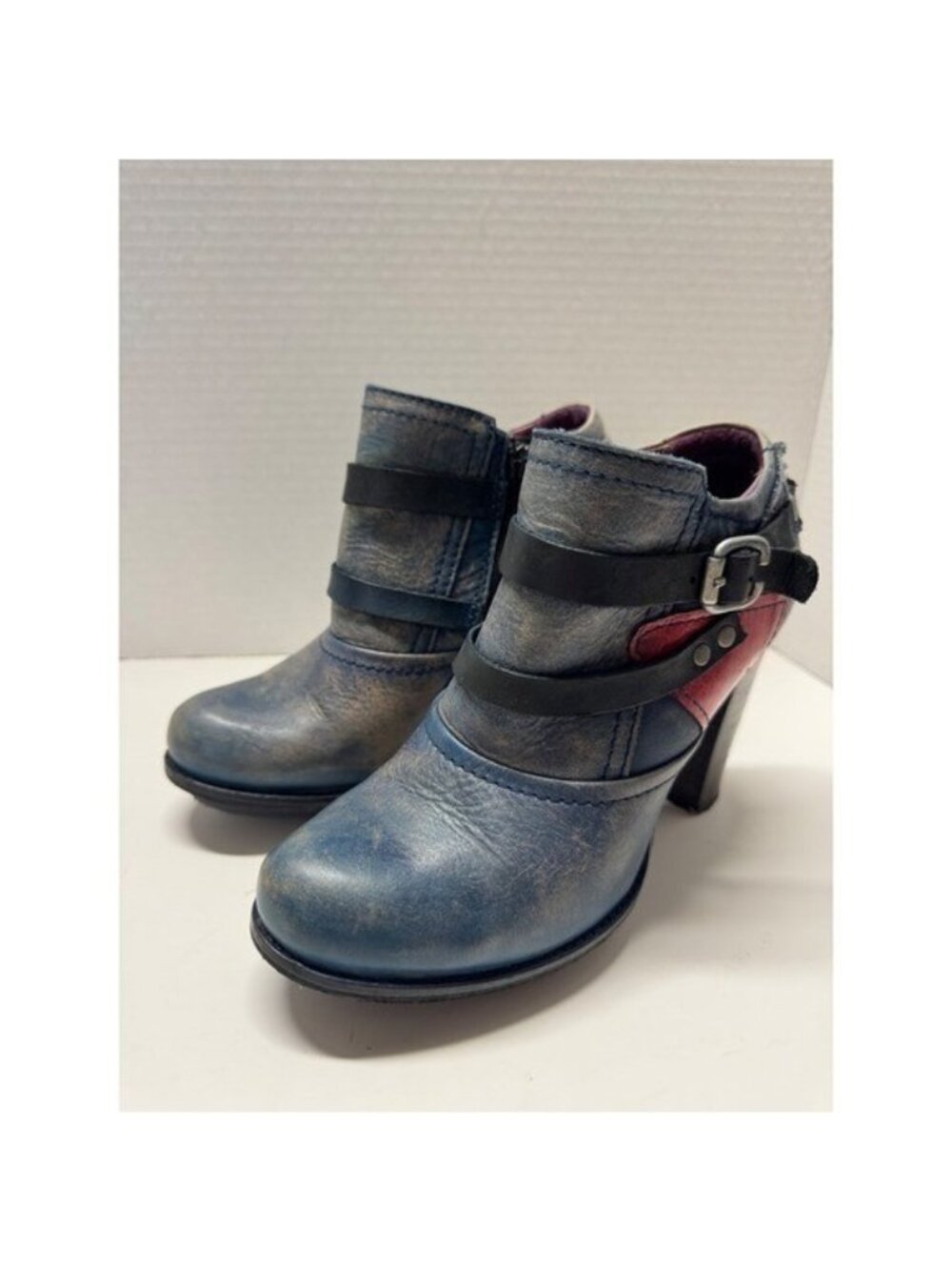 Atrai Blue Red Distressed Leather Buckle Ankle Boots Size 36